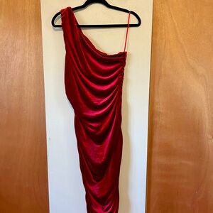 Tahari Vibrant Red One-Shoulder Velvet Dress with ruched sides; sz 12 - NEW!